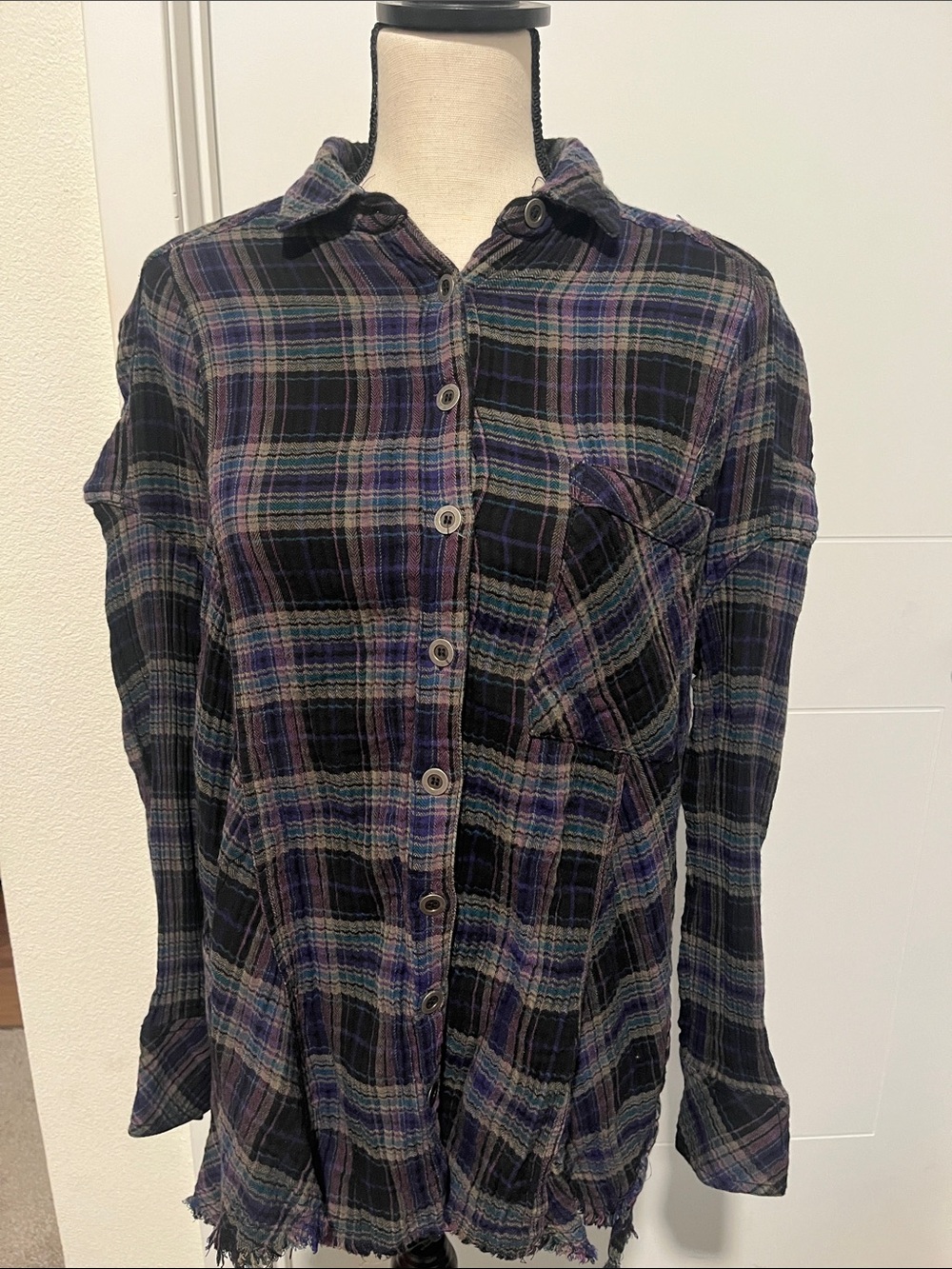 Free People Plaid Button-Up Distressed Raw Hem Shirt